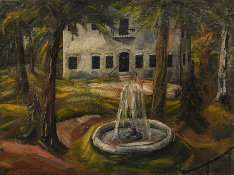 Schloss Burgau bei Wasserburg am Inn de Paul Kleinschmidt, pintura a óleo que retrata um castelo entre nuvens e árvores.