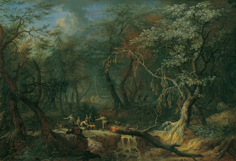 Landscape with a fallen tree and hunters, oil painting by Franz Christoph Janneck