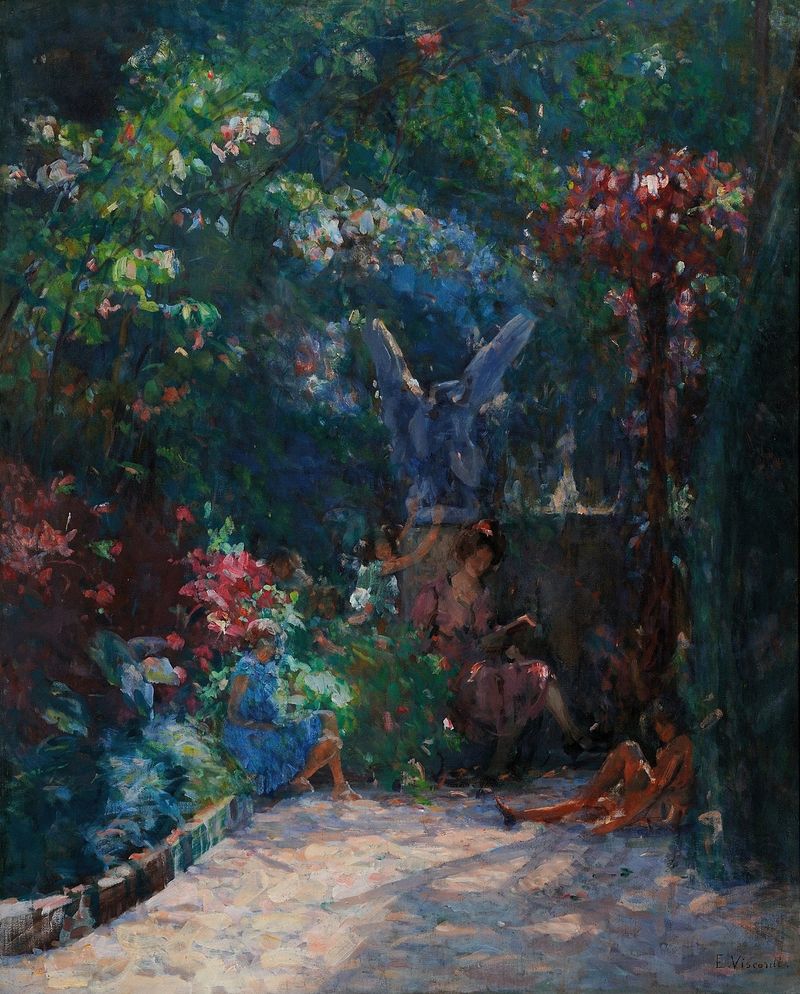 Lição no meu jardim de Eliseu Visconti, pintura a óleo de uma menina em um jardim com flores.