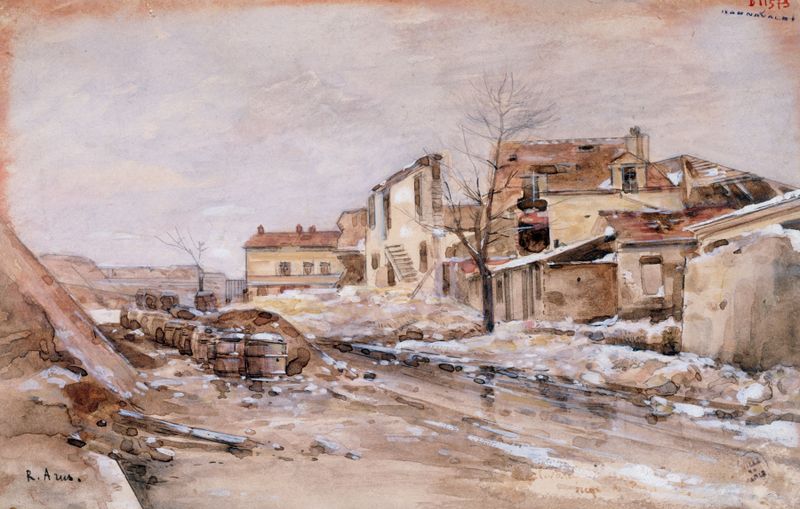 Siège de Paris by Raoul Arus, realism artwork depicting figures in a besieged city