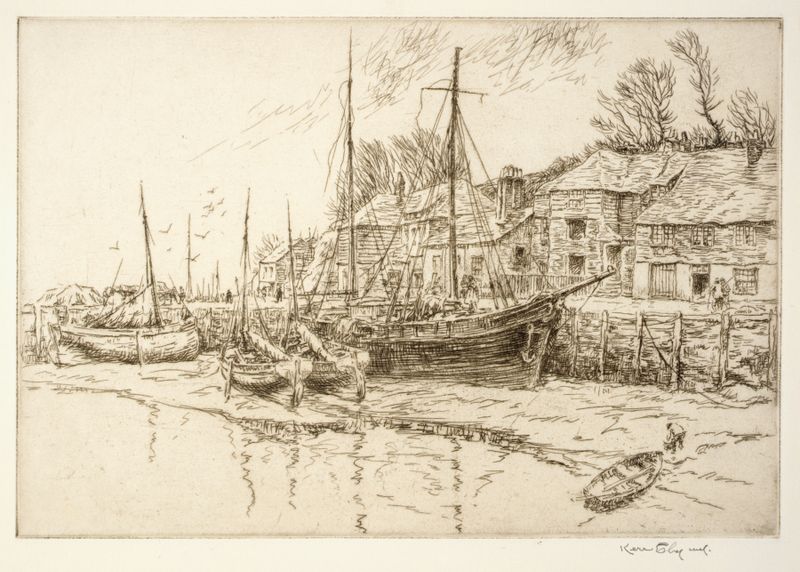 Boat Houses etching by Kerr Eby depicting serene water and boat houses