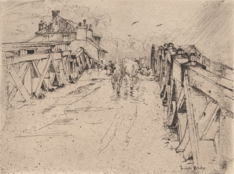 Fosdyke Bridge engraving by Sir Frank Short depicting a river at twilight