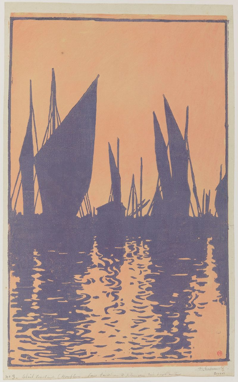 Soleil couchant, Honfleur by Henri-Charles Guérard, etching depicting a sunset over the ocean.