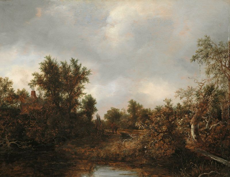 Paisaje de Jacob van Ruisdael, óleo sobre lienzo que representa colinas y un río bajo un cielo nublado.