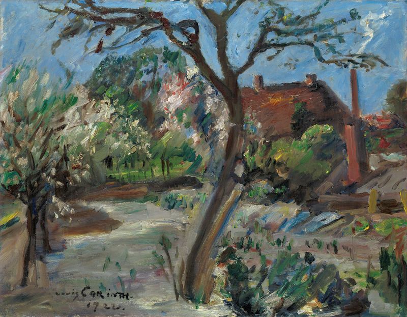 Landschaft im Vorfrühling, oil on canvas by Lovis Corinth depicting a vibrant landscape with swirling clouds.