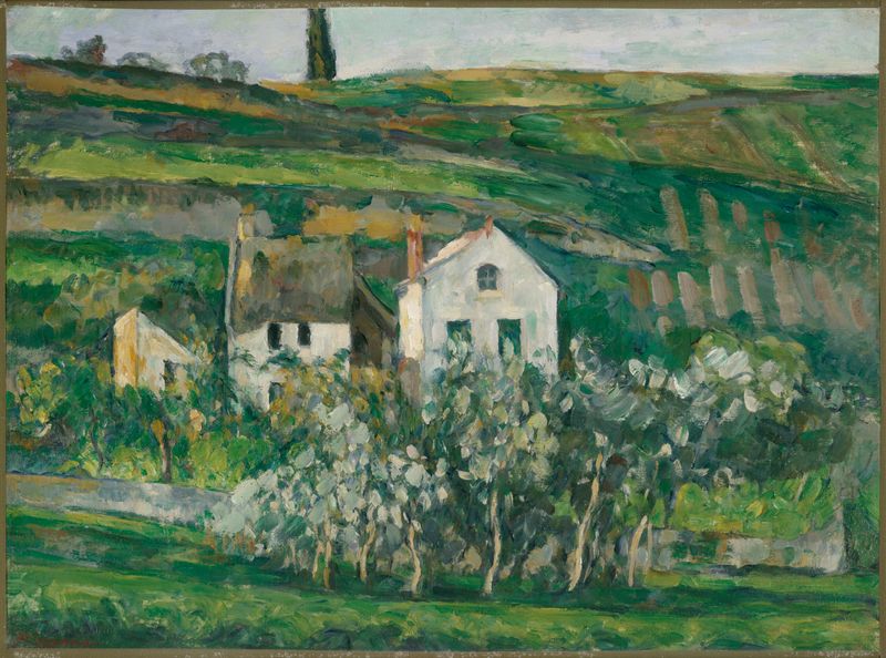 Pequenas Casas em Pontoise de Paul Cezanne, óleo sobre tela mostrando uma paisagem de vila.