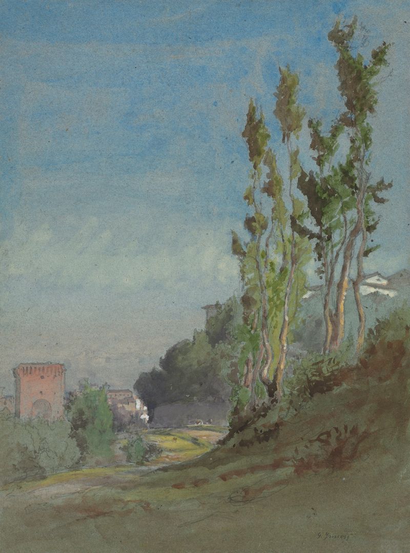 Albano, Itália de George Inness, óleo sobre tela que retrata colinas e luz quente.