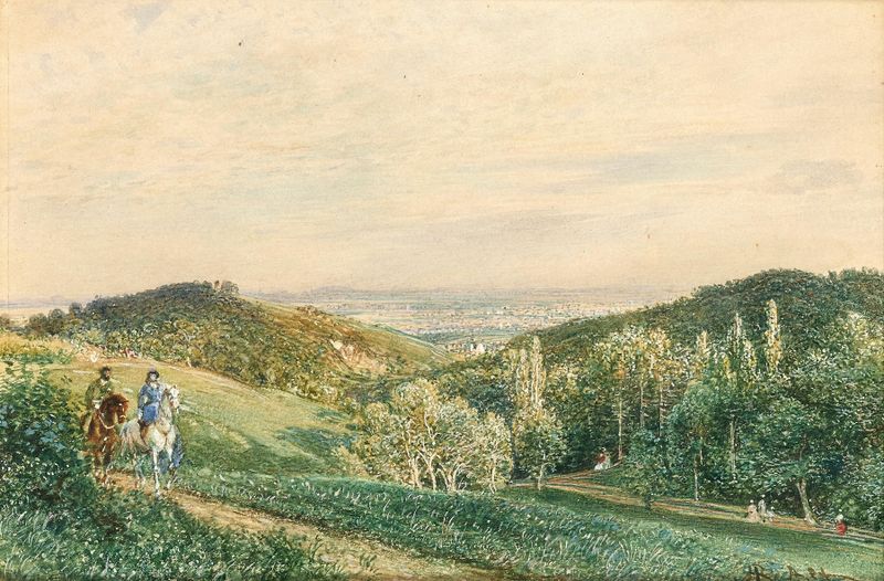 Pintura a óleo de paisagem por Rudolf von Alt mostrando colinas e céu