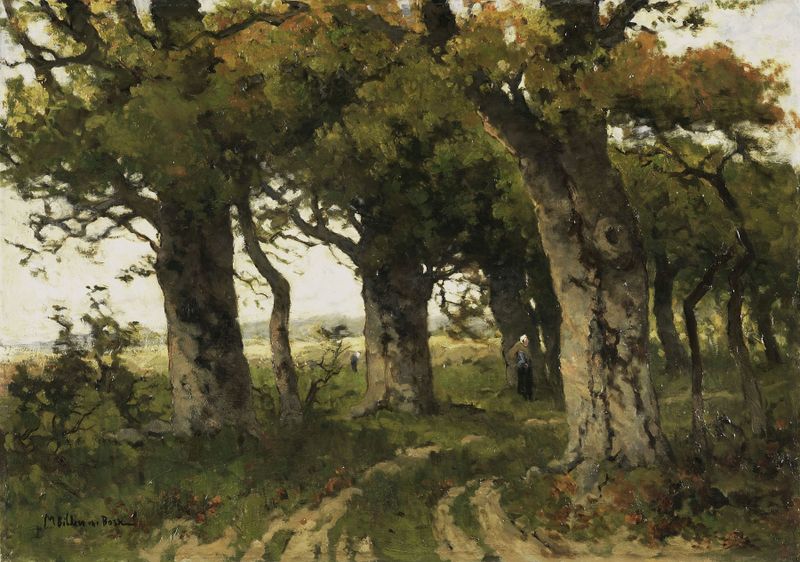Avenue of Oaks in Late Summer de Maria Bilders-van Bosse, pintura al óleo de un paisaje sereno.