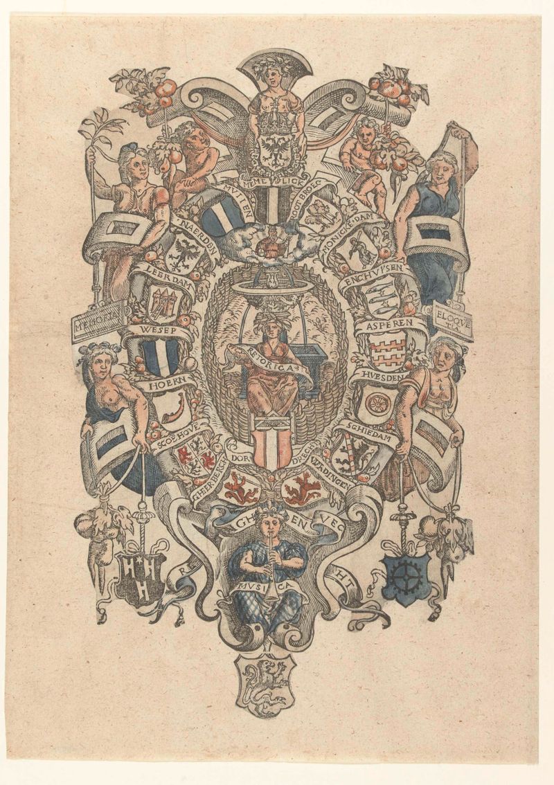 Ontwerp voor het blazoen voor de Dordtse rederijkerskamer De Fonteynisten, tinta sobre papel, Unknown Artist