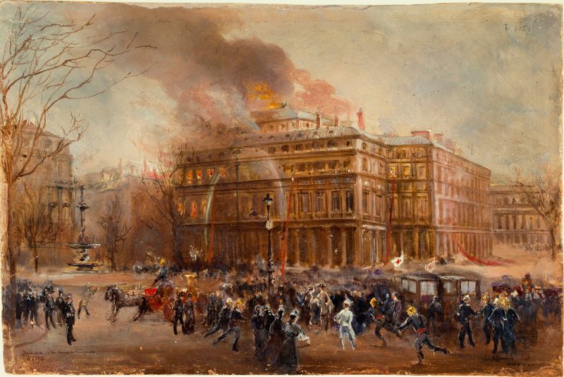 Historical oil painting by Jean Baptiste Edmond Allouard depicting the ruins of the Comédie-Française after a fire.