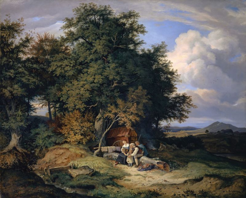 Autumn landscape with a shepherd family, oil on canvas by Adrian Ludwig Richter