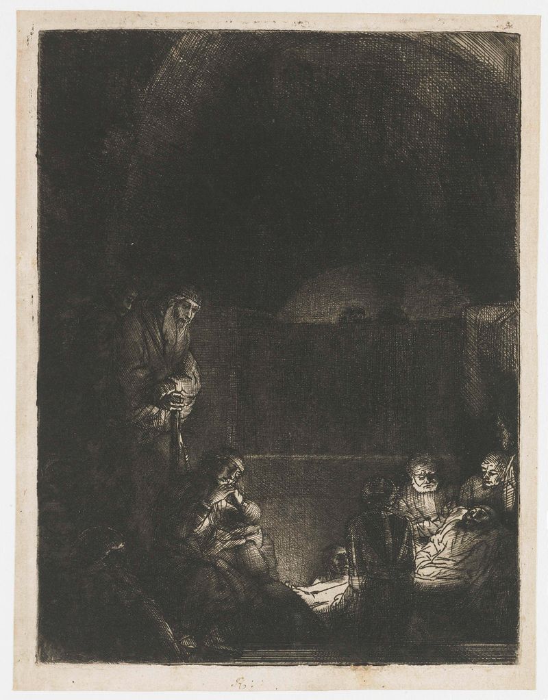 Grabado de Rembrandt van Rijn que representa figuras en duelo y tristeza.