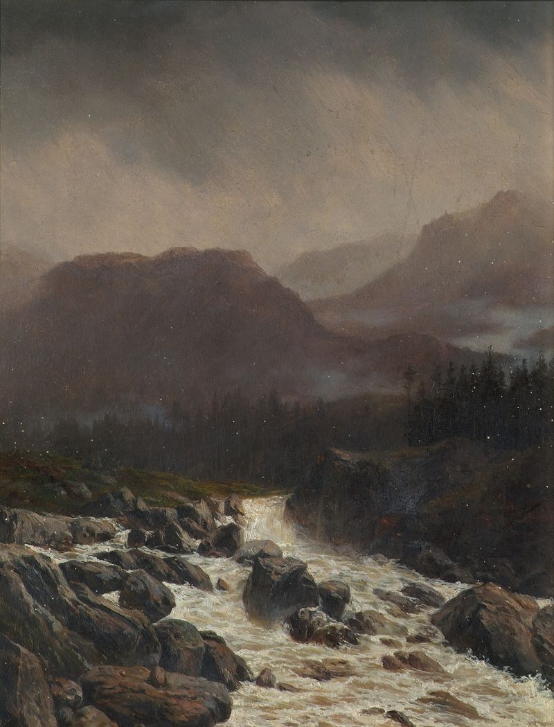 Paisagem de Carl Höflmayr, óleo sobre tela, com verdes e marrons e um horizonte distante.