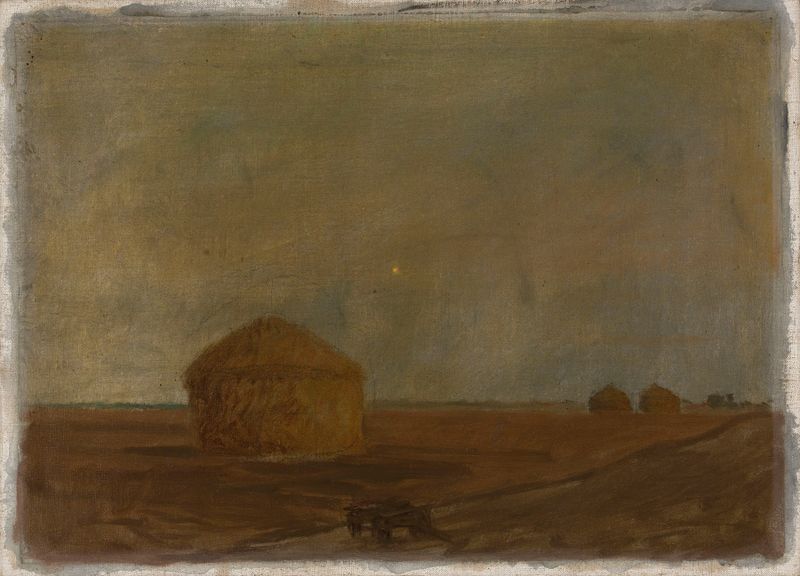 Haystacks at dusk by Leopold von Kalckreuth, oil painting depicting twilight landscape.