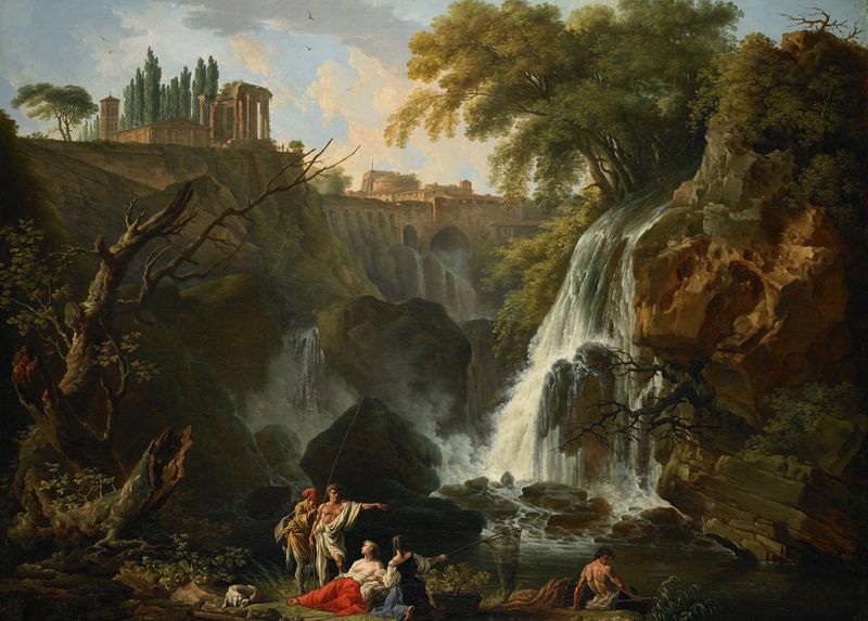 La Cascada en Tivoli, óleo sobre lienzo de Claude-Joseph Vernet, con una cascada y un frondoso bosque.