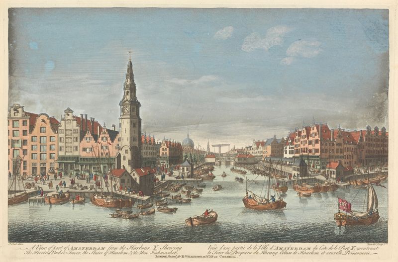 Engraving by Thomas Bowles III depicting Amsterdam's harbour with herring packers