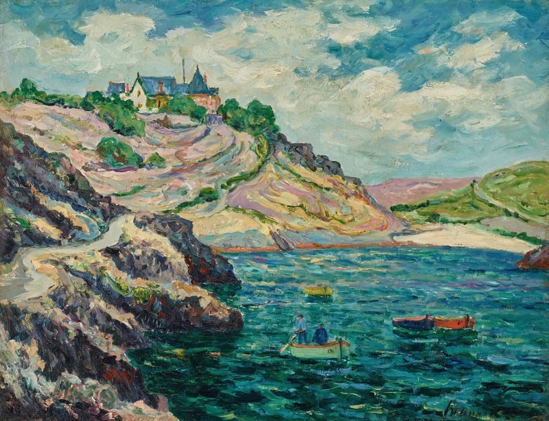 Cena marinha com costa e ondas ao pôr do sol de Maxime Maufra, pintura a óleo