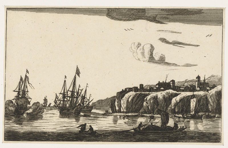 Gravura paisagística de Unknown Artist mostrando uma vila em um penhasco com um rio