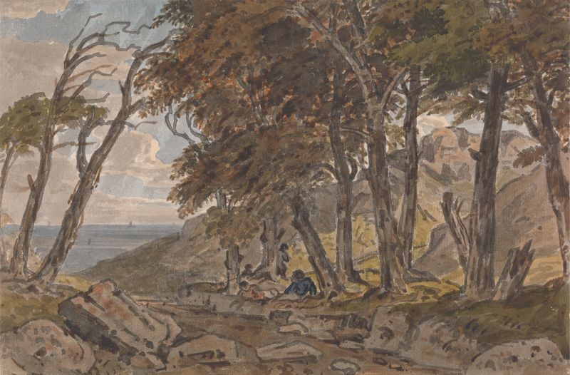 Figures on a wooded lane with sea in distance, oil on canvas by George Barret Jr.