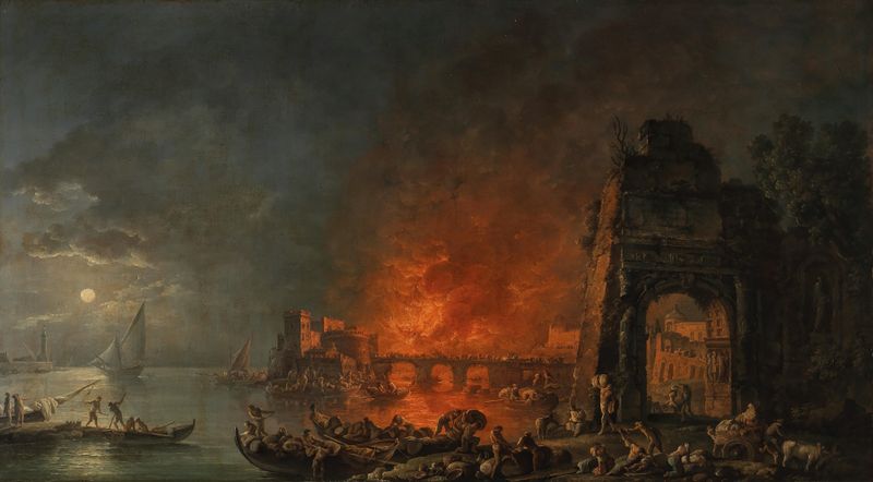 Explosion in a harbour by Carlo Bonavia, oil on canvas depicting a ship engulfed in flames.