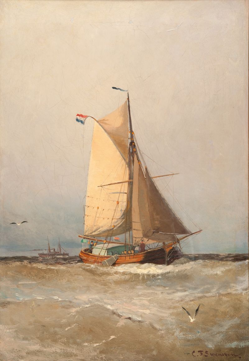Óleo sobre tela de Christian Fredrik Svensson mostrando um tjalk em águas serenas