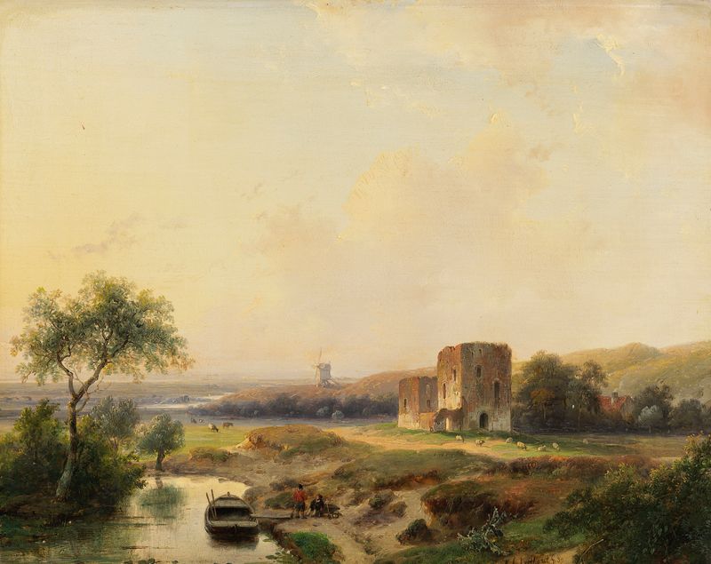Paisagem do rio perto de Haarlem com moinho e ruínas, pintura a óleo de Andreas Schelfhout