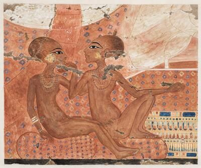 Historical watercolor on paper by Nina de Garis Davies depicting an ancient Egyptian scene.
