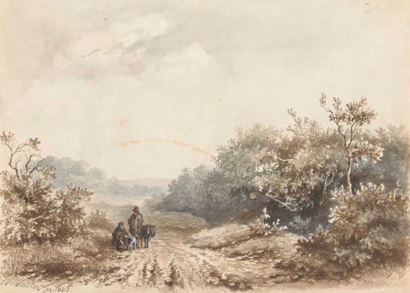 Landschap met een familie, een schaap en een hond de Hendrik Valkenburg, pintura a óleo