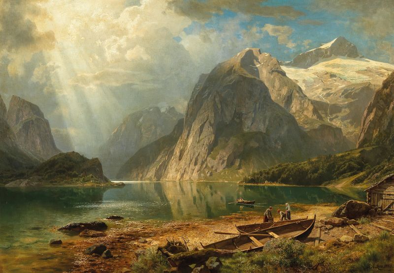 Fjord landscape oil painting by August Wilhelm Leu