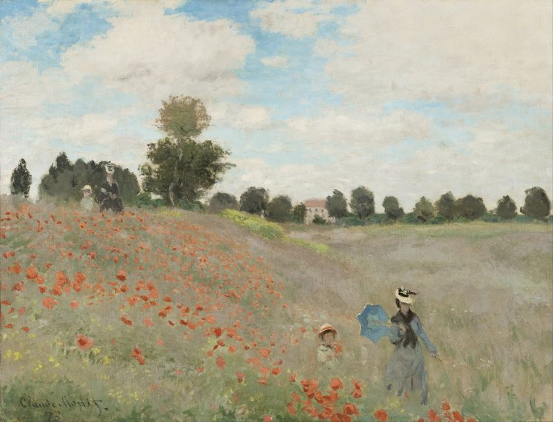 Poppy Field de Claude Monet, óleo sobre lienzo, con amapolas rojas bajo la luz del sol.