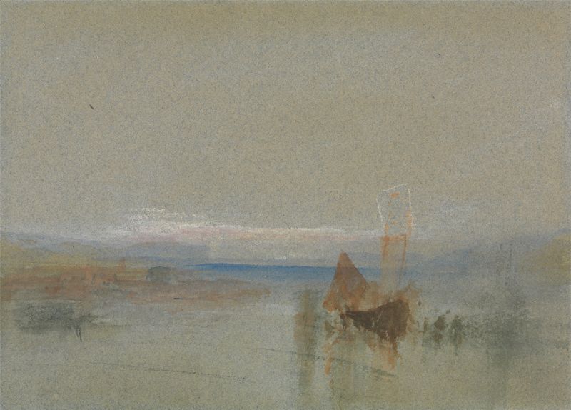 Fishing Boats Becalmed off le Havre de Joseph Mallord William Turner, pintura a óleo mostrando barcos de pesca em água calma.