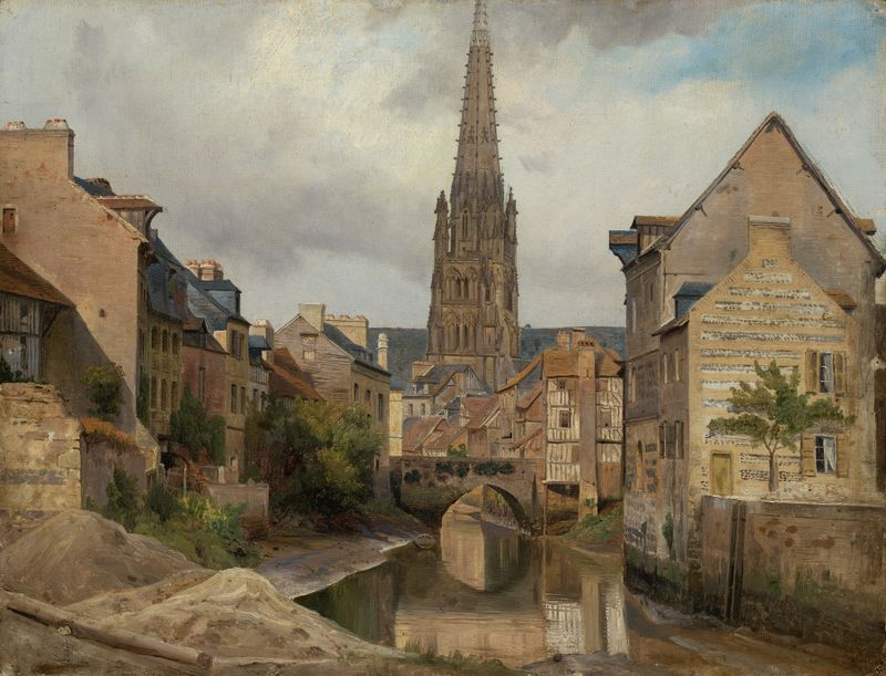 Pintura de paisaje al óleo de Johann Wilhelm Schirmer que representa un río y nubes