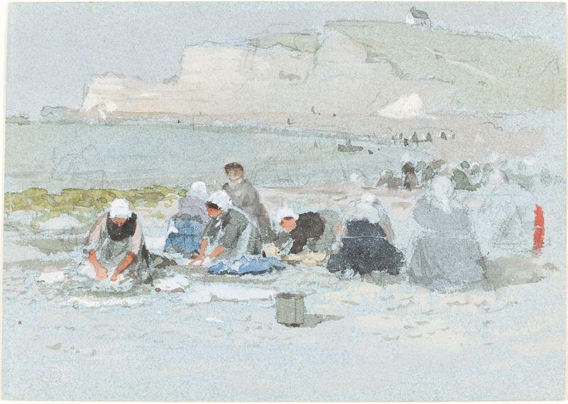 Washerwomen on the beach at Etretat, oil painting by George Henry Boughton