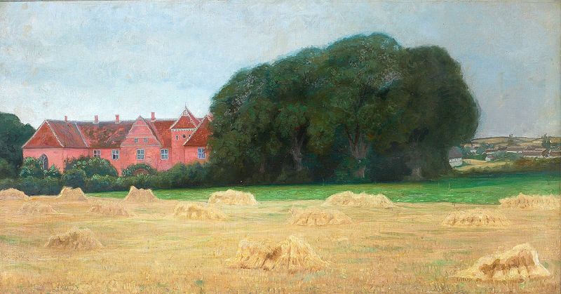 View of the manor Løgismose, óleo sobre lienzo de Agnes Slott-Møller, que muestra un paisaje sereno con colinas y luz solar.