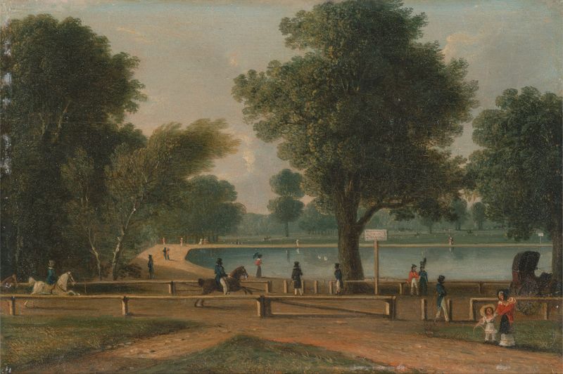 The Serpentine, Hyde Park de George Sidney Shepherd, pintura a óleo que retrata água e reflexos.