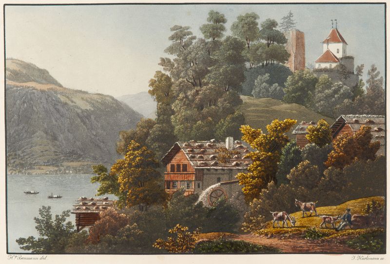 Landscape of Lake Brienz with mountains at twilight by Jean Henri Baumann