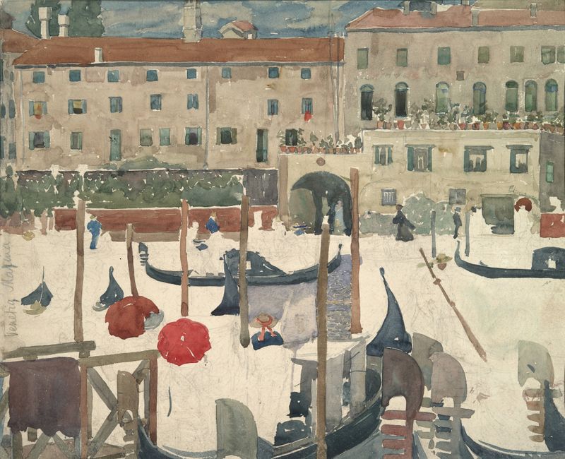 Venetia Marina de Maurice Prendergast, acuarela sobre papel que representa un lago sereno.