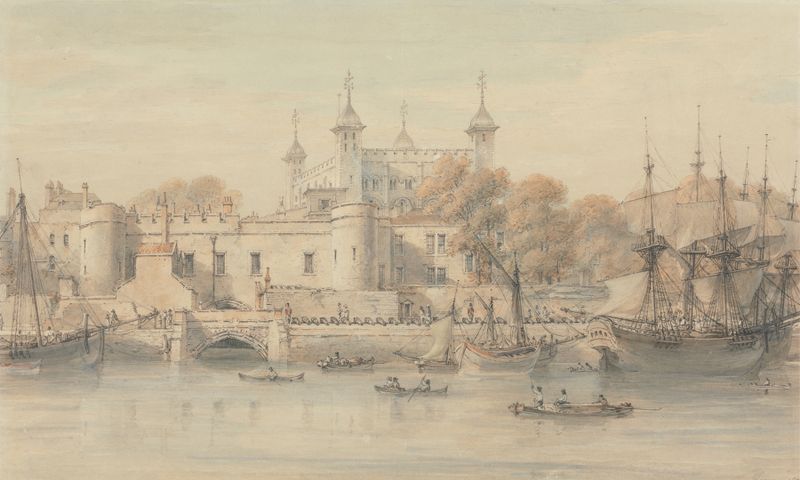 The Tower of London by Thomas Hearne, watercolor on paper, depicting a castle against a muted sky.