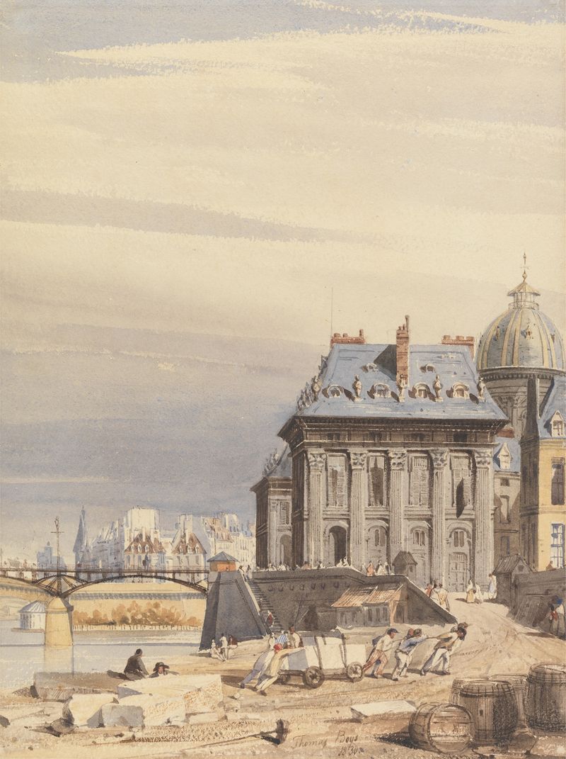L’Institut de France, Paris by Thomas Shotter Boys, oil painting depicting classical architecture with tall columns.
