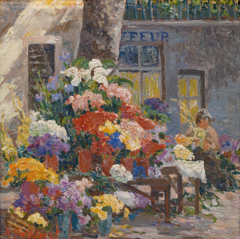Flower Market at Menton by Anna De Weert, oil on canvas, featuring vibrant flowers in a market.