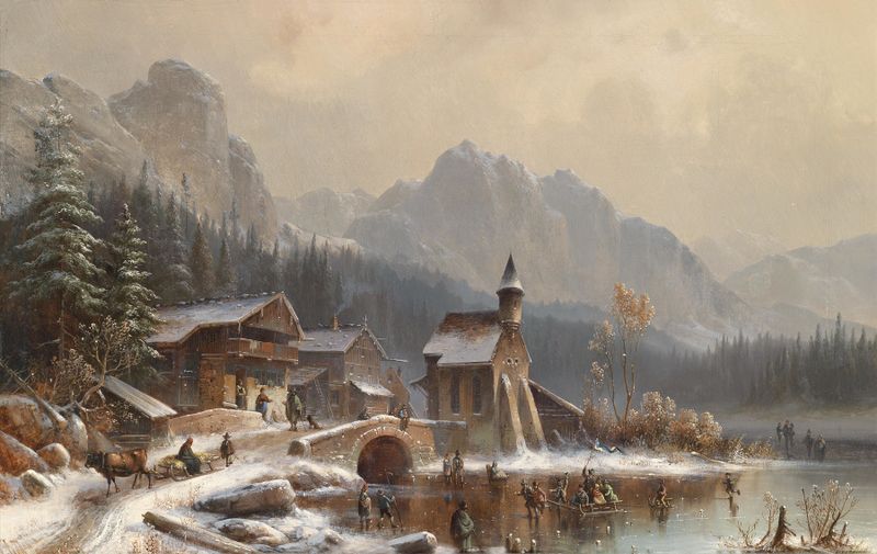 Wintervergnügen by Anton Doll, oil on canvas depicting a tranquil snowy landscape