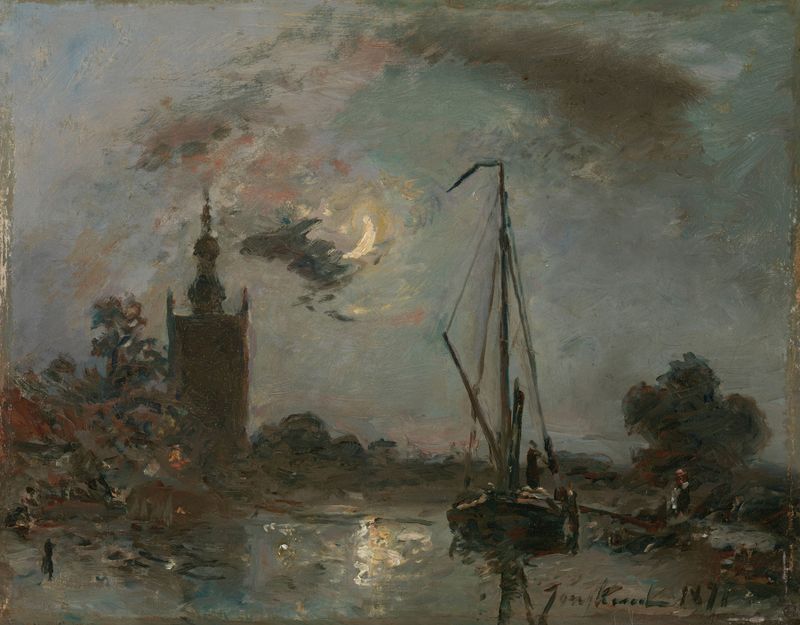 Overschie in the Moonlight, pintura a óleo de Johan Barthold Jongkind, retratando uma paisagem noturna tranquila.
