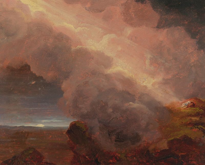 Clouds On The Mountaintop de Thomas Cole, pintura al óleo de nubes que giran sobre una montaña.