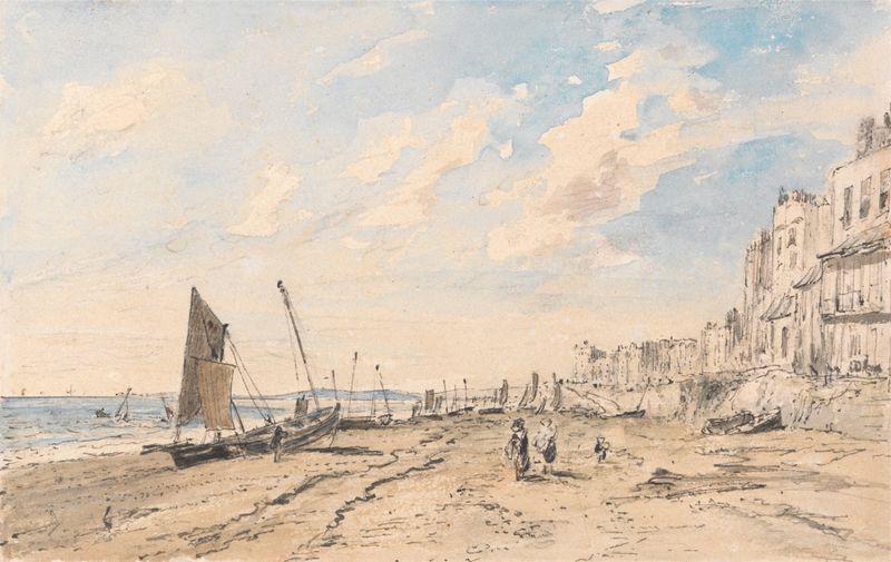 Brighton Beach Looking West de John Constable, óleo que representa una playa con nubes y mar.