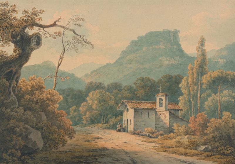 Aquarela de John Warwick Smith representando ruínas e luz solar