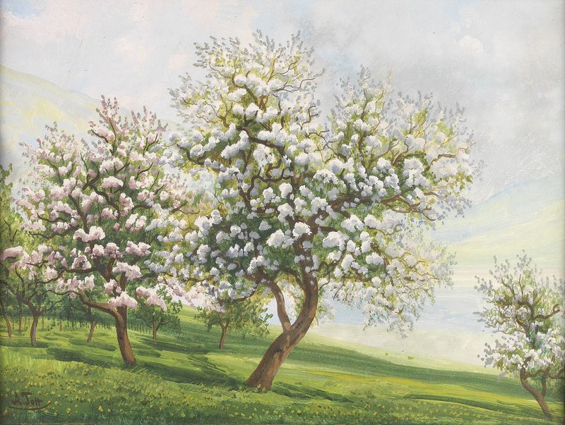 Blühende Obstbäume de Alois Tott, impresionismo, representando árboles en flor en un paisaje vibrante