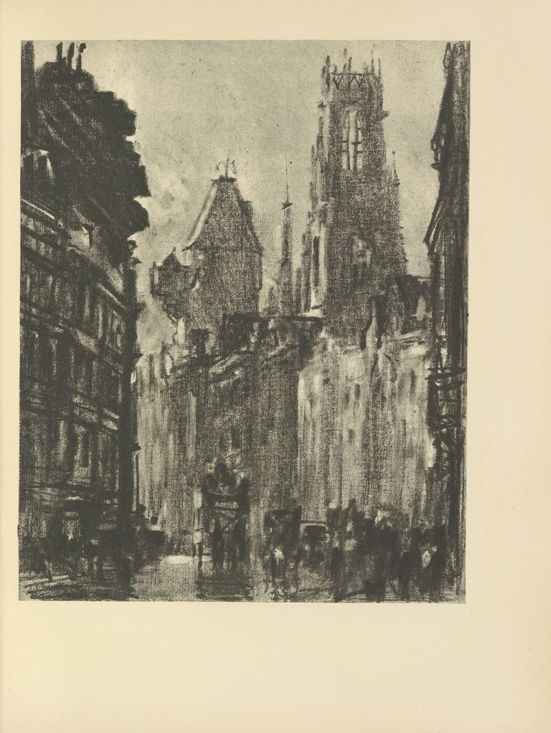 Fleet Street de Joseph Pennell, tinta sobre papel, representando una figura en adoquines iluminada por luz cálida.