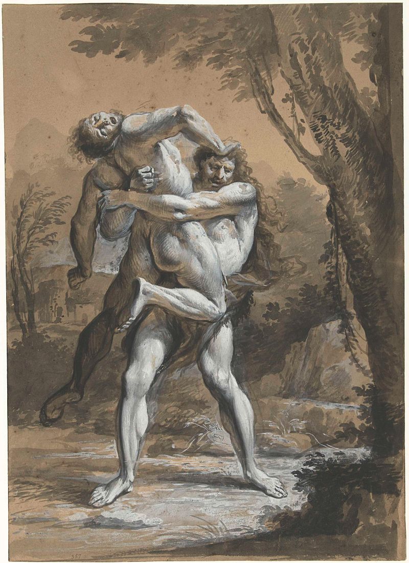 Hercules en Antaeus, Barroco, artista desconocido, representando una lucha entre dos figuras colosales.