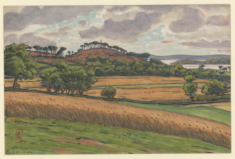 Lithograph by Henri Rivière depicting a tranquil landscape with soft hues of blue and green.